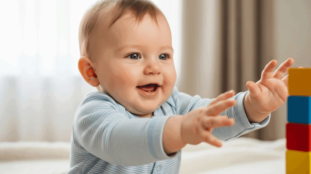 Un bébé souriant tend les mains vers des blocs de couleur
